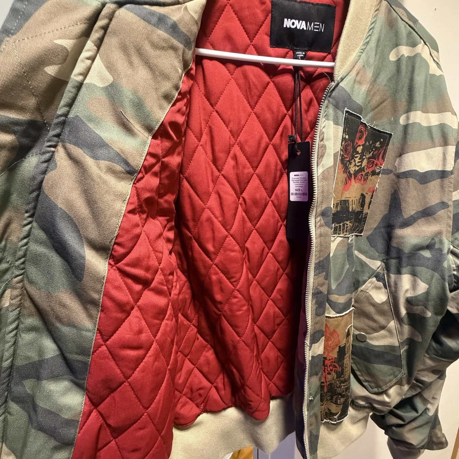 NOVAMEN Oversized Padded Distressed Patched Bomber Jacket Camouflage Size L NWT - product detail image 2