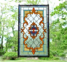 20" x 34" Tiffany Style stained glass window panel jeweled glass panel