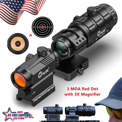 HUNTING 3X MAGNIFIER RIFLE SCOPE + OPTICS RED DOT SIGHT WITH FLIP TO SIDE MOUNT