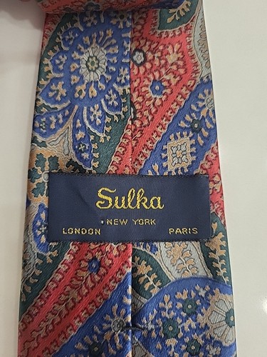 Sulka Necktie Paisley Floral Green & Blue On Red 100% Silk 3.25"x57" - Picture 3 of 12