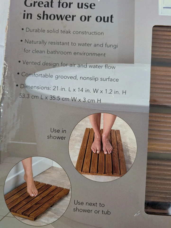Alfombra de ducha antideslizante de teca maciza Conair 21" x 14" uso dentro o fuera de la ducha nueva en caja Foto 3 de 4