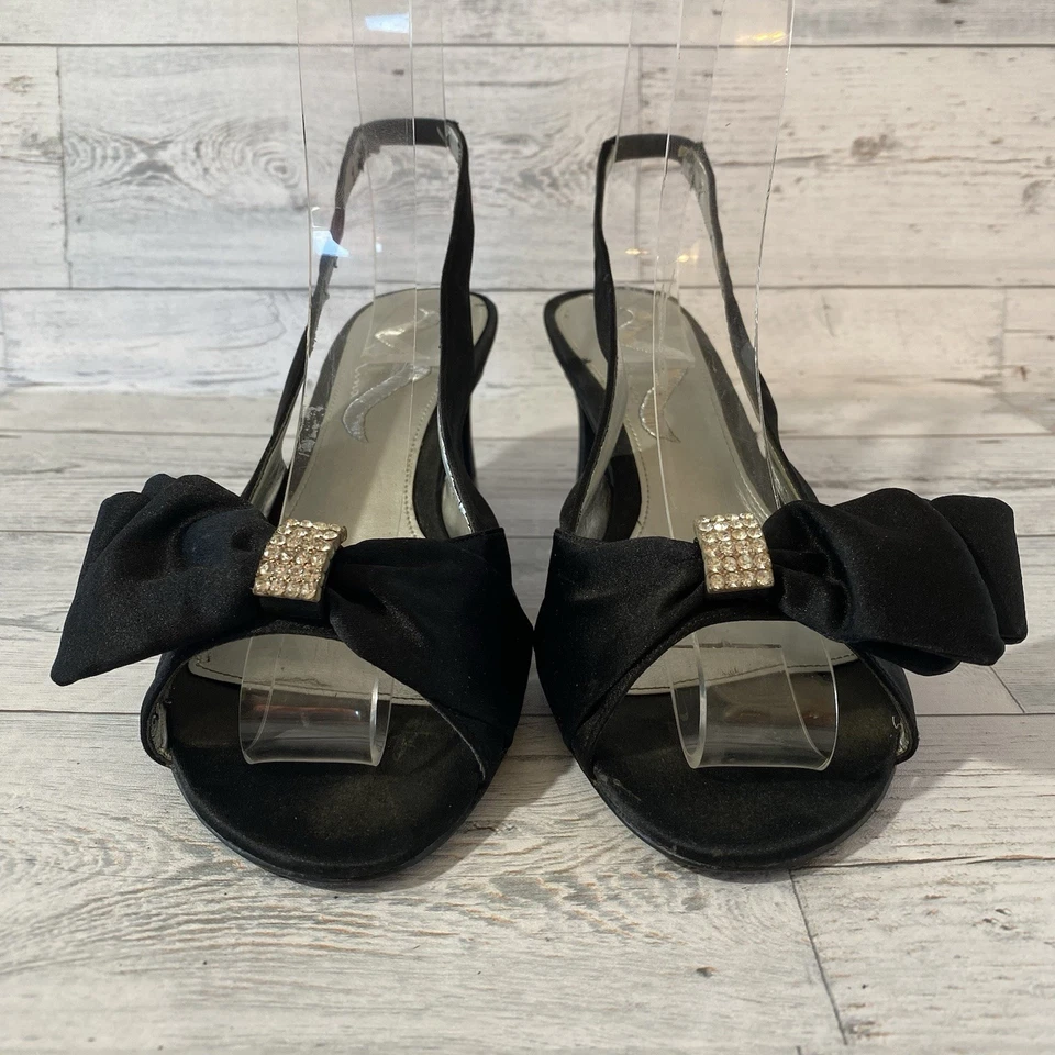 Tacones Nina con cordones para mujer 8,5 M negros satinados estrás lazos punta abierta elegantes Foto 2 de 4