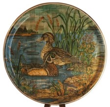 Vintage Lacquered Bamboo Mallard Duck Serving Round Tray Barware High gloss EUC
