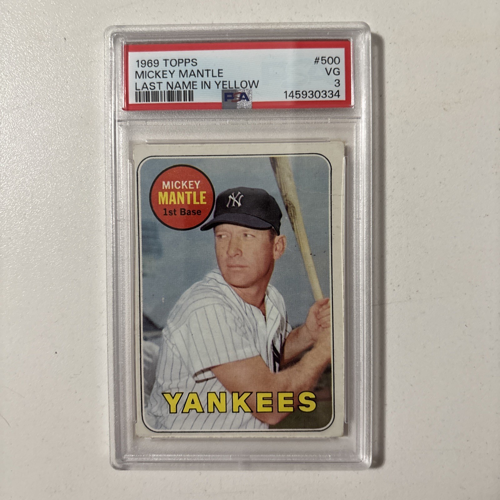 1969 Topps Mickey Mantle #500 Last Name in Yellow PSA 3 VG New York Yankees HOF view 1