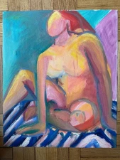 Vintage 1980s Abstract Acrylic Seated Figure Study on Paper Hillary Blass 15x18