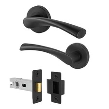 Black Door Handles Curved Swept Internal Round Rose Bathroom Latch Lock Pack