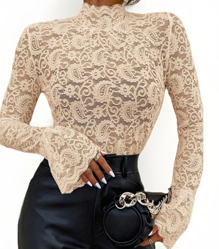Ivory Cream Semi Sheer Mock Neck Long Sleeve Lace Shirt - Size Large