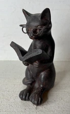 Rustic Cat Reading Book Figurine Shelf Sitter Home Decor 4.5" EXCELLENT
