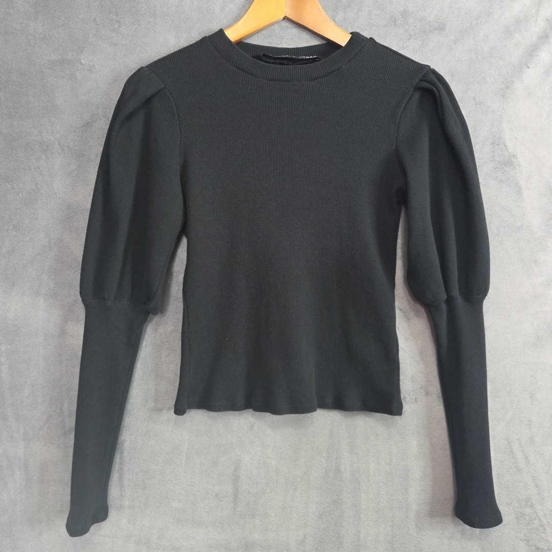 Veronica Beard Top Black Ribbed Puff Sleeve Long Sleeve Size S