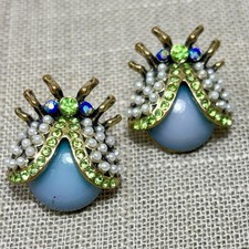 Betsey Johnson Insect Earrings Gold Tone Blue Green White Rhinestone Faux Pearls