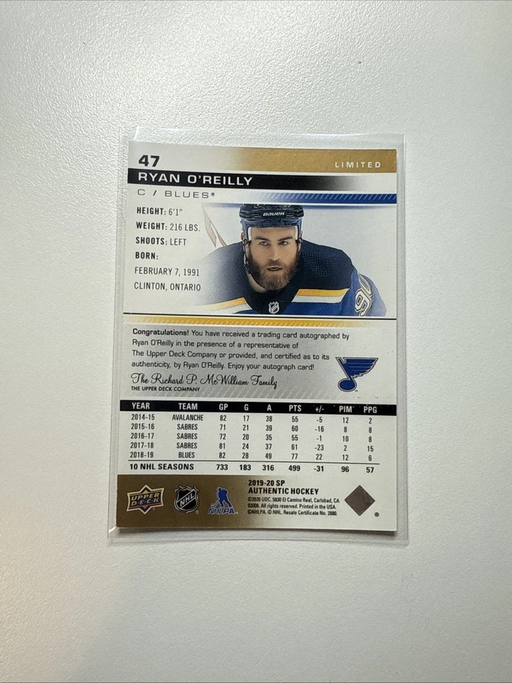 RYAN O'REILLY 2019-20 SP AUTHENTIC GOLD LIMITED AUTO - Image 2 of 2