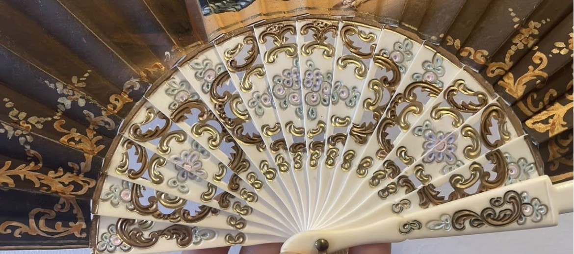 Antique Hand Painted Carved Folding Fan With Case Signed Vintage