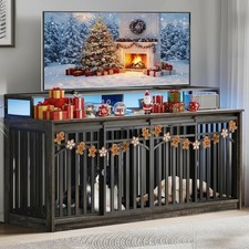 71" Double Dog Crate Furniture W/ LED Light  Power Outlets