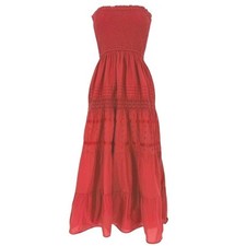 Red Smocked Eyelet Tiered Maxi Dress Womens Small Boho Strapless Prairie Peasant