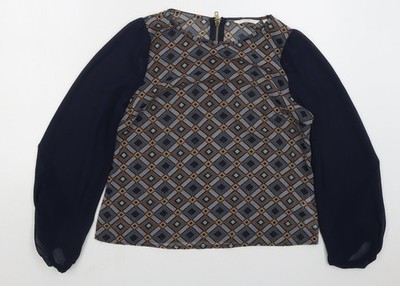 New Look Damen Blau Geometrisches Polyester Basic Bluse Größe 10 Rundhalsausschnitt
