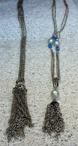 Vintage Lot~2 Silver Tone, Double Chain Necklaces w/Multi Chain Tassel Pendants