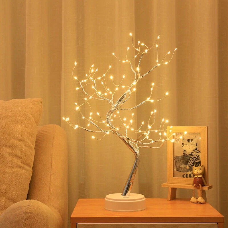 108 LED Night Light Tree Table Desk Lamp Silver Branch Battery USB Party Decor