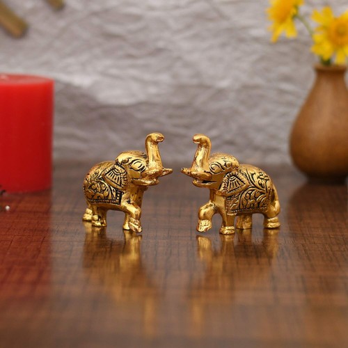 Handcrafted Metal Elephant Home Decorative Showpiece Gold Plated Set of 2 - Picture 3 of 7