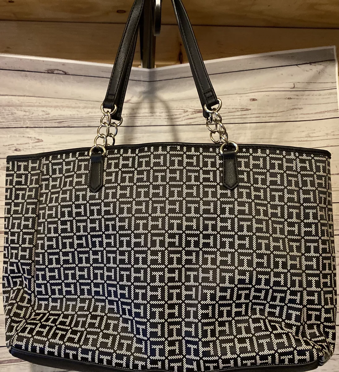 Tommy Hilfiger Purse Shoulder Tote Handbag TH Signature Logo Black