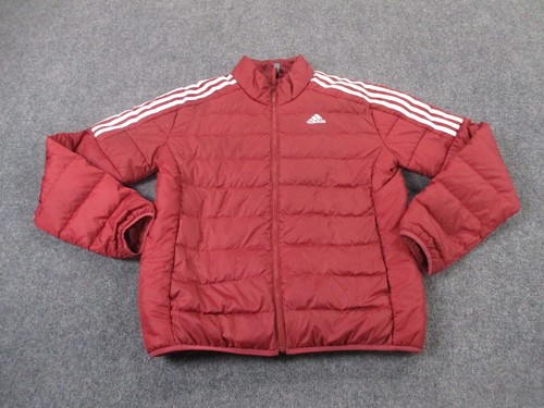 Adidas Jacket Mens L Red Striped Sleeves Puffer Down Outdoor Logo Athletic Track