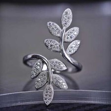 Size adjustable, Vintage sterling silver 925 wrap leaves ring with cluster cz