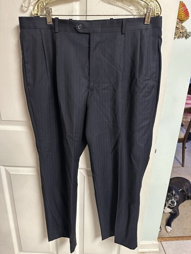 Tasso Elba Wool Men 42r Black Striped 2PC Suit Pleated Pants 39x29 Macys Jacket - Picture 10 of 16