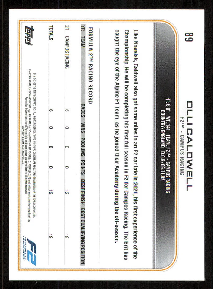 2022 Topps Chrome Formula 1 #89 Olli Caldwell - Image 2 of 2