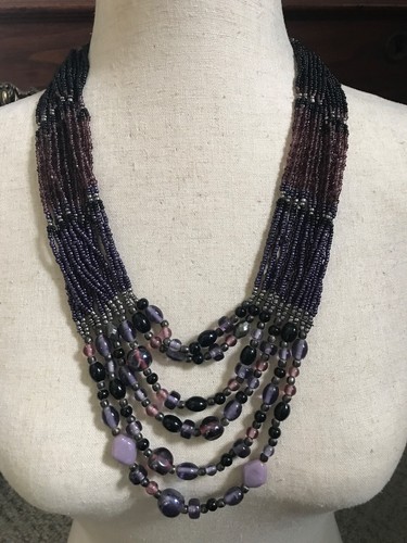 TEN DOUBLE STRAND PURPLE AND LAVENDER GLASS 22" BEADED BIB NECKLACE
