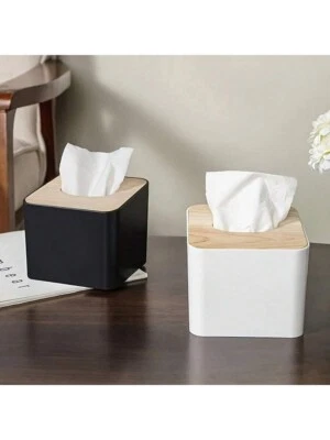 1pc Elegant Square Tissue Box Holder with Wooden Lid - Perfect for Bathroom-UK..