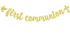 Gold Glitter First Communion Banner God Bless Decorations Baptism Christening...