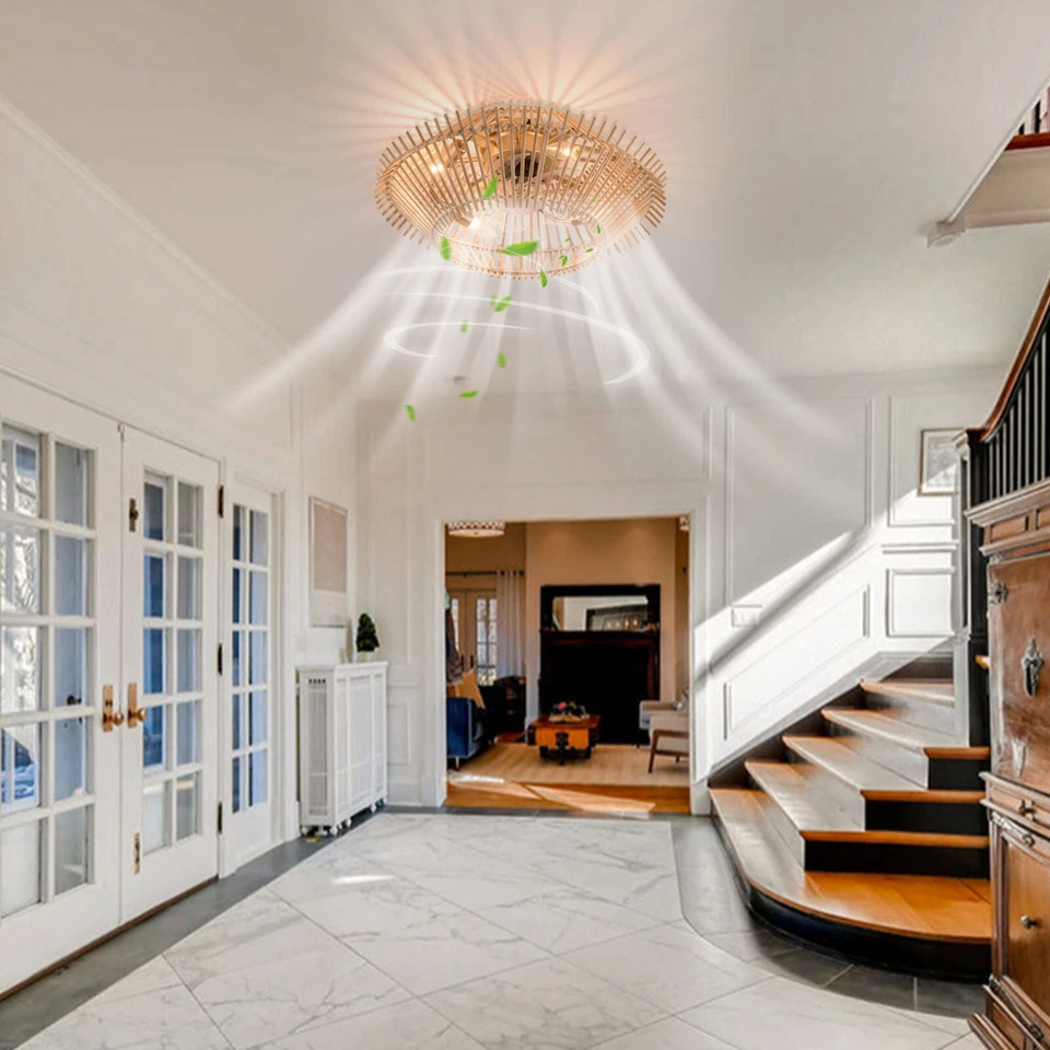 18" Bamboo Caged Ceiling Fan Light Low Profile 6 Speeds Chandelier with Remote - Image 3 of 4