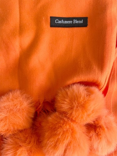 BRAND NEW UNBRANDED ORANGE CASHMERE BLEND POM POM TRIMMED SHAWL/WRAP - Picture 2 of 2