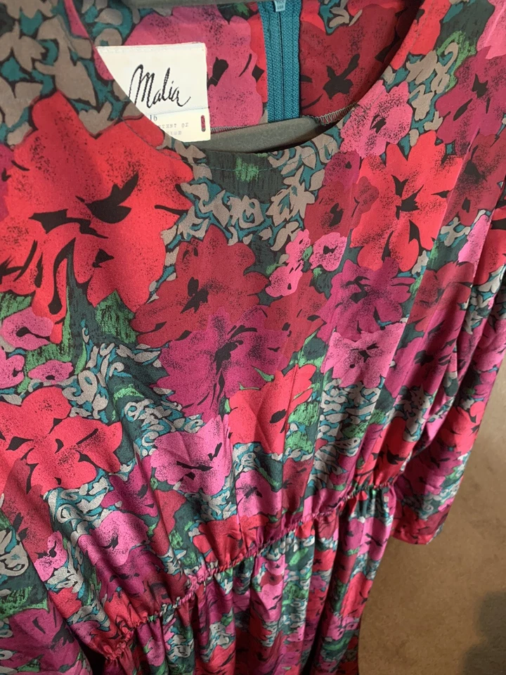 Vintage Malia Long Bold Floral Print Dress Size 16 Long Sleeve Zip Back - Image 2 of 3