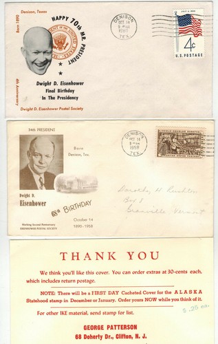 DWIGHT EISENHOWER Birthday Tribute 1958/1960 SET OF 2 + Card Denison Texas