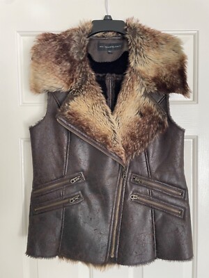 Mo x Members Only Coffee Brown Leather Faux Fur Vest Full Zip