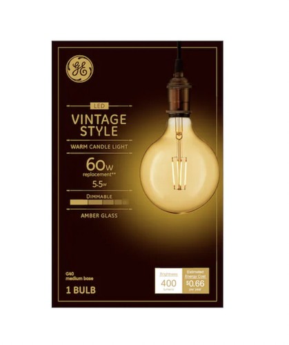 GE Vintage 60W replacement bulb 5W Warm candle Amber Glass dimmable A19  #33548 - Picture 1 of 2