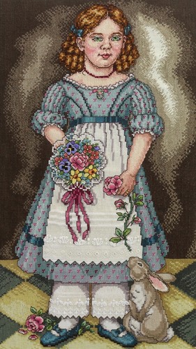 Finished Counted Cross Stitch Red Haired Girl with Rabbit Nosegay Rose Specialty