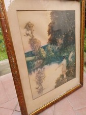 art nouveaux francese. Paesaggio fluviale con bagnanti. cromolitografia  (?)