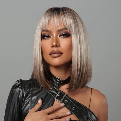 Straight Wig Natural Wigs with Daily Bob Bangs Real Hair For Women Short Human - Picture 6 of 11