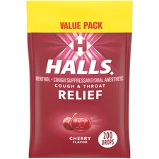 HALLS Cherry Cough Drops 200 Count Menthol Drops for Cough and Sore Throat Re...