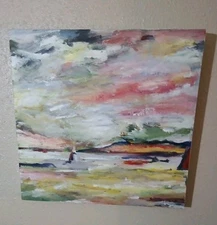Original Oil On Canvas Abstract Big Sky Desert Landscape Sign Shirley Hazelett 