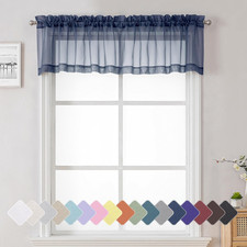 Navy Blue Window Valance 14 Inches Long 2 PCS, Solid Voile Blue Curtains Dual Ro