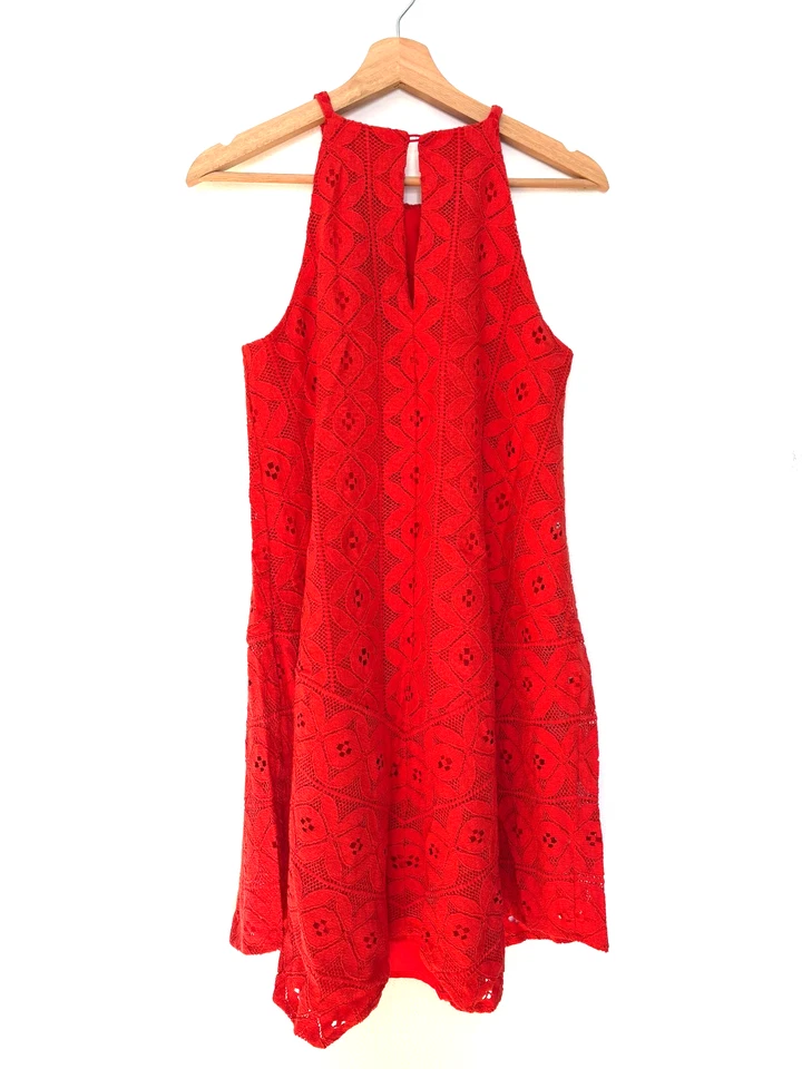 Vestido Maggie London Swing Shift Talla 10 Mujer Coral Encaje Superpuesto Sin Mangas Halter Foto 2 de 4