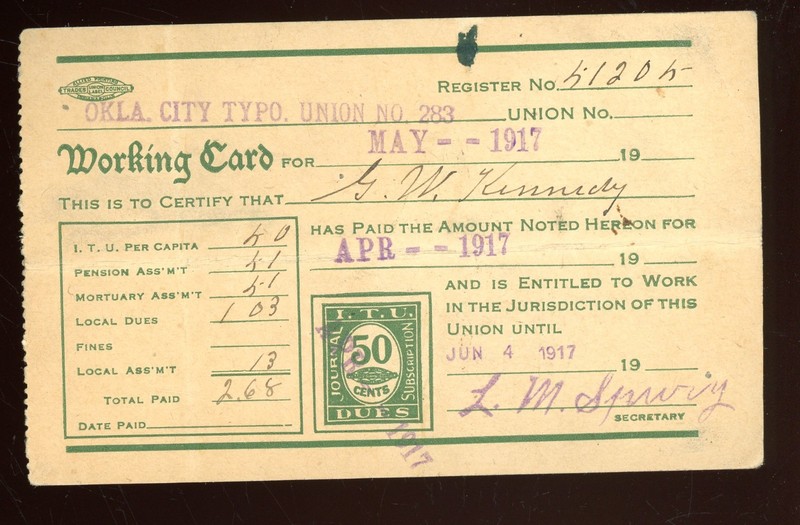 1917- Oklahoma- Union working Card-