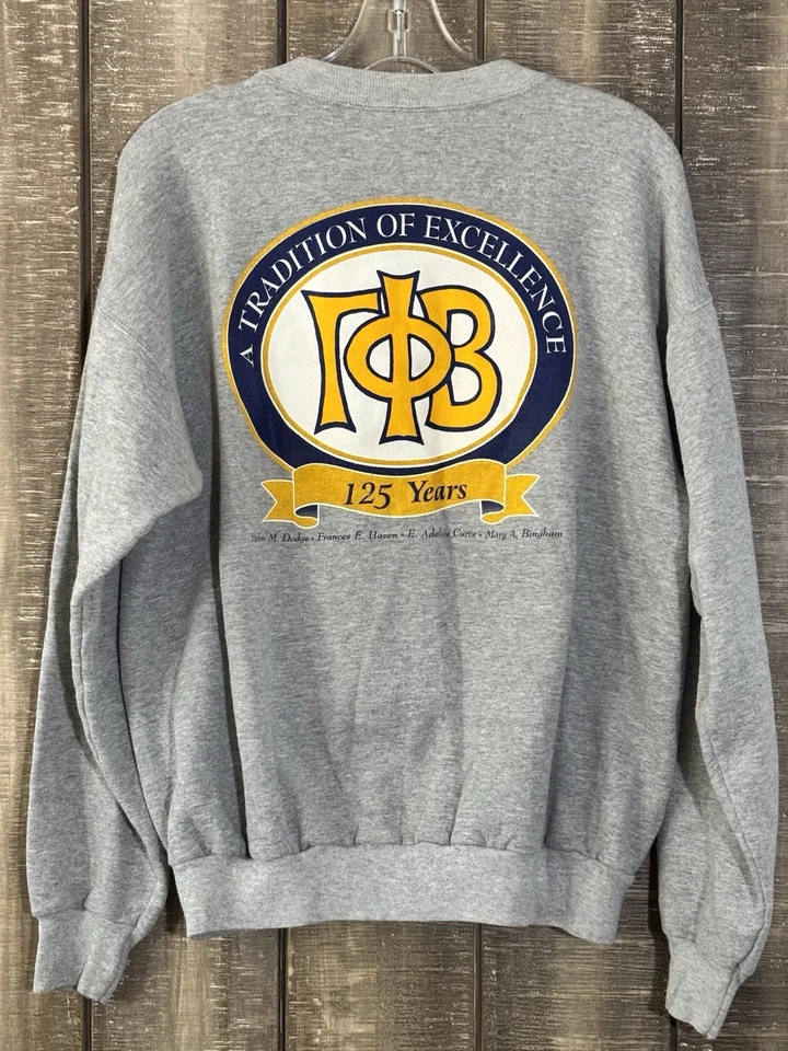 Sudadera De Colección Gamma Phi Beta Sorority Crescent Ball '99 Grande Gris 125 Años Foto 3 de 4