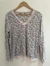 Women's Super Soft Stretchy Pink Floral Lace V-Neck Long Sleeve PJ Top Gray L