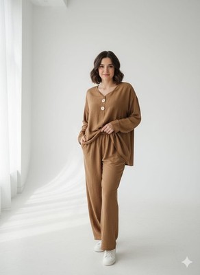 Women's Relaxed Fit Loungewear Set   Button Top & Wide-Leg Pants | Coffee Brown