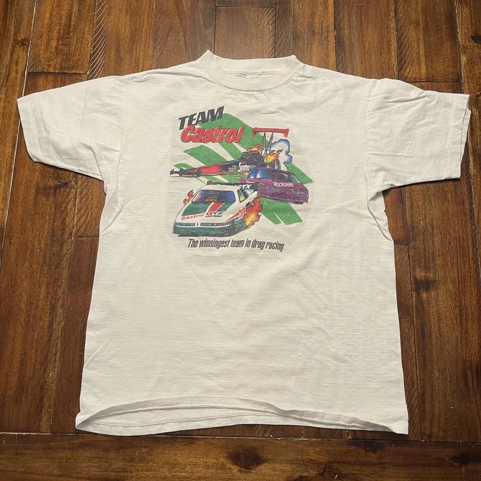 Camisa De Colección Team Castrol Para Hombres Grande Blanca Arrastre Carreras Divertida Coche Top Combustible Años 90 Foto 2 de 4