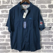 AFTCO Rangle Shirt Mens Large Blue Short Sleeve Fishing UPF 50 Bassmaster Logos