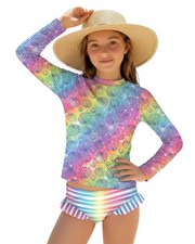 Girls' 2 Piece Swimsuit Long Sleeve Rash Guard Sets with Ruffle Bottoms Stret...